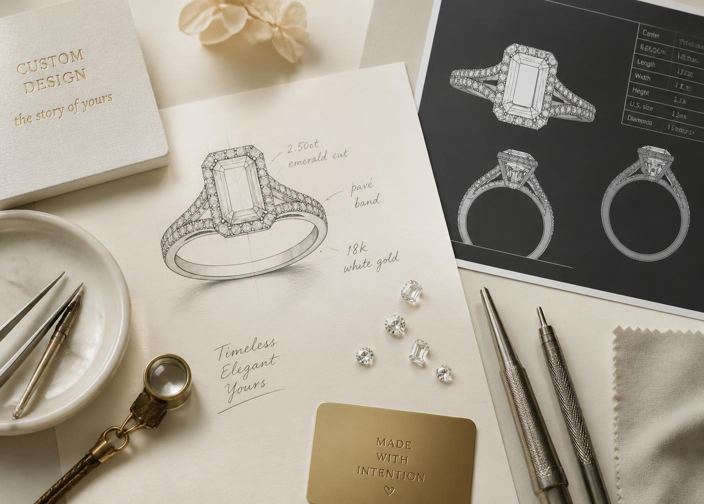 Custom engagement ring sketch, CAD renderings and loose diamonds